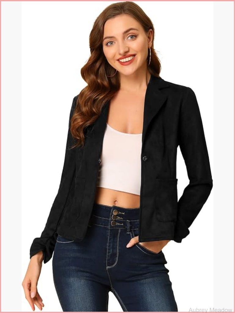 Faux Suede Ruched Sleeve Blazer Lapel Collar Office Work Jacket